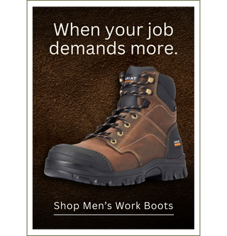 Brown work boot with text 'When your job demands more. Shop Men's Work Boots' on a brown background | Boots & Soles