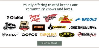 Graphic displaying logos of footwear brands offered by Boots & Soles, with the headline ‘Proudly offering trusted brands our community knows and loves.’ Brands shown include OluKai, Tony Lama, Red Wing Shoes, Thorogood, Brooks, Justin Boots, Irish Setter, Worx by Red Wing Shoes, Vasque, Johnston & Murphy, Ariat, Oofos, Carolina, Keen, and Double-H. A button below reads ‘Shop by Brand.’