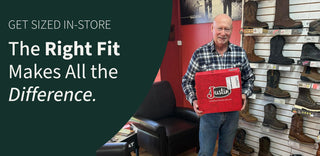 Man holding a red box with boots displayed on shelves in the background, featuring text about getting sized in-store | Boots & Soles | Effingham, IL