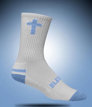 Pathos Unisex Performance Cross Socks "Blessed" White/Baby Blue