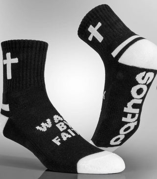 Pathos Unisex Performance Socks- Half Crew "Walk By Faith" (Black/White)