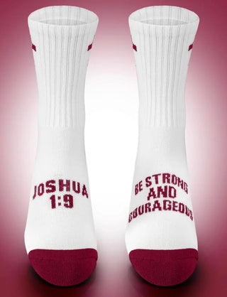 Pathos Unisex Performance Socks- Crew "Be Strong and Courageous" Joshua 1:9 (White/Maroon)
