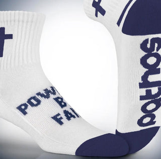 Pathos Unisex Performance Socks- Half Crew "Powered By Faith" (White/Navy)