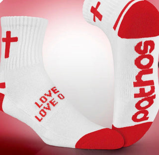 Pathos Unisex Performance Socks - Half Crew "Love God Love Others" (White/Red)