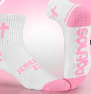 Pathos Unisex Performance Socks- Half Crew "Jeremiah 31:3" (White/Pink)